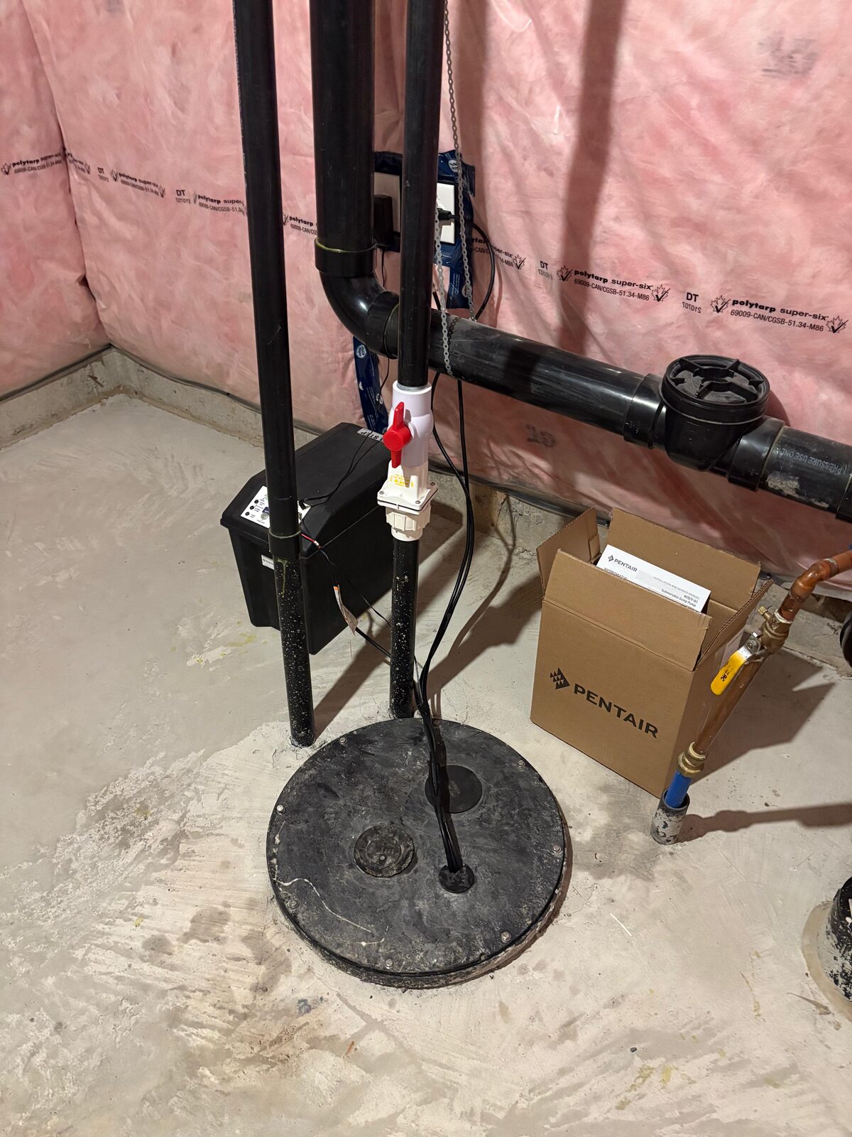 Sump pump and backwater valve installed in a basement